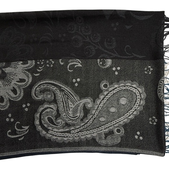 West Loop Monochrome Patterned Scarf Wrap Dark Blue Black Gray with Fringe - Picture 8 of 12